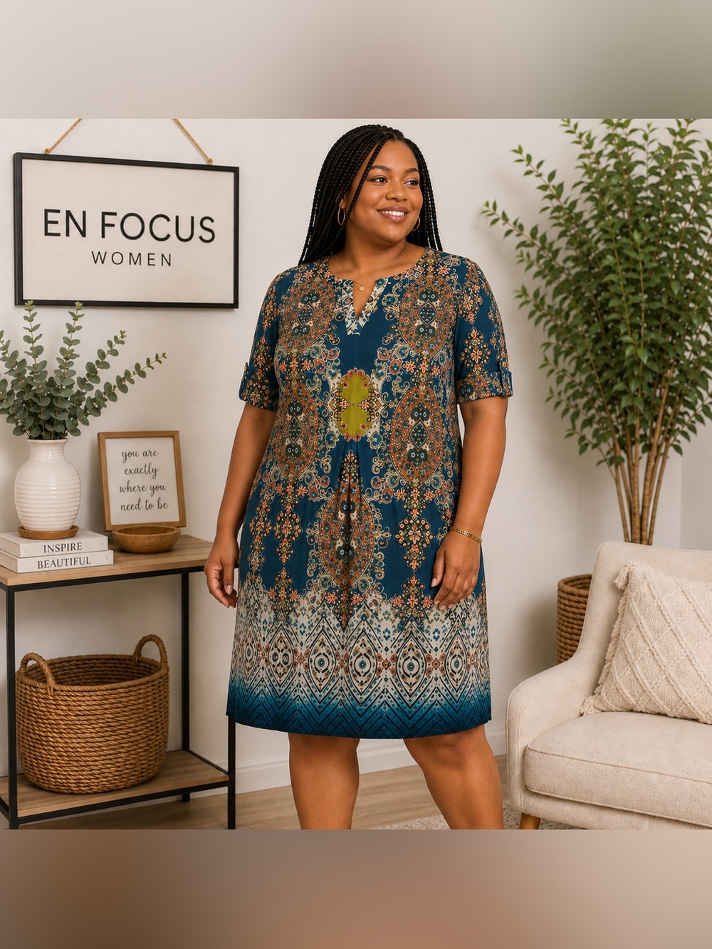 EN FOCUS WOMEN Teal Multicolor V-Neck Midi Dress (20W)